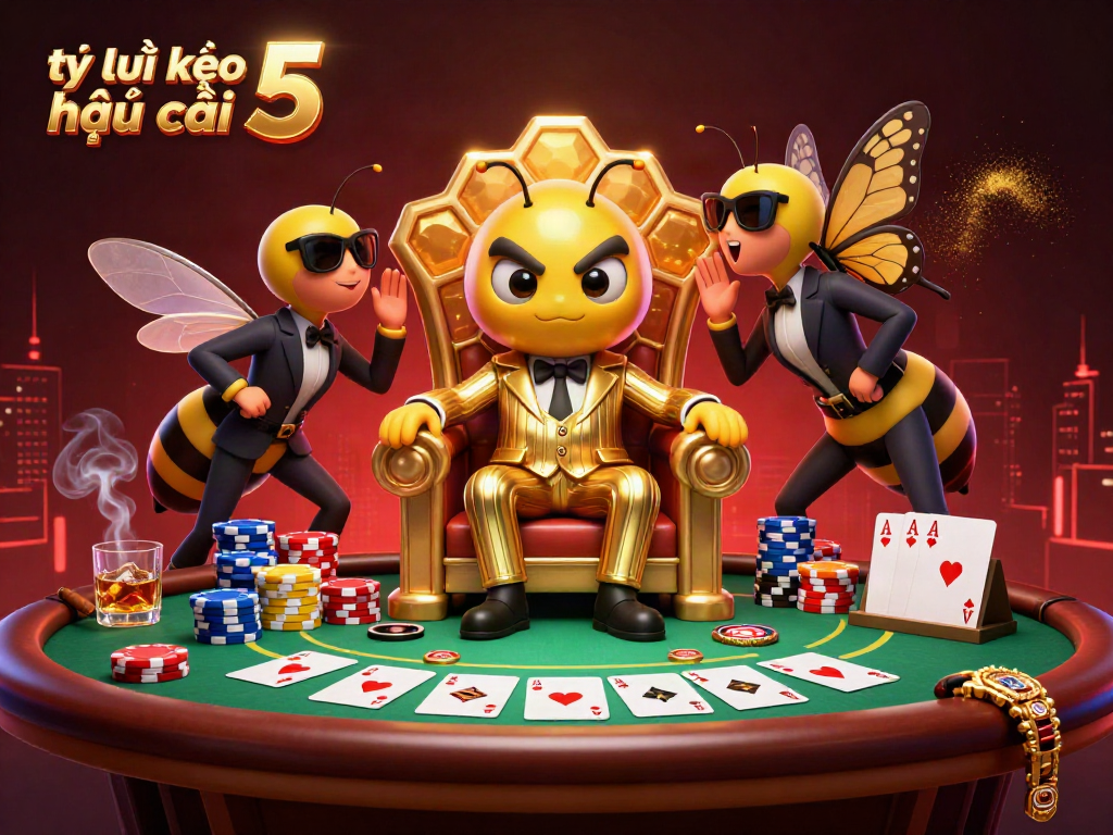 Engage with tỷ lệ kèo nhà cái 5 as the bumblebee boss rules the poker table surrounded by vibrant casino elements.