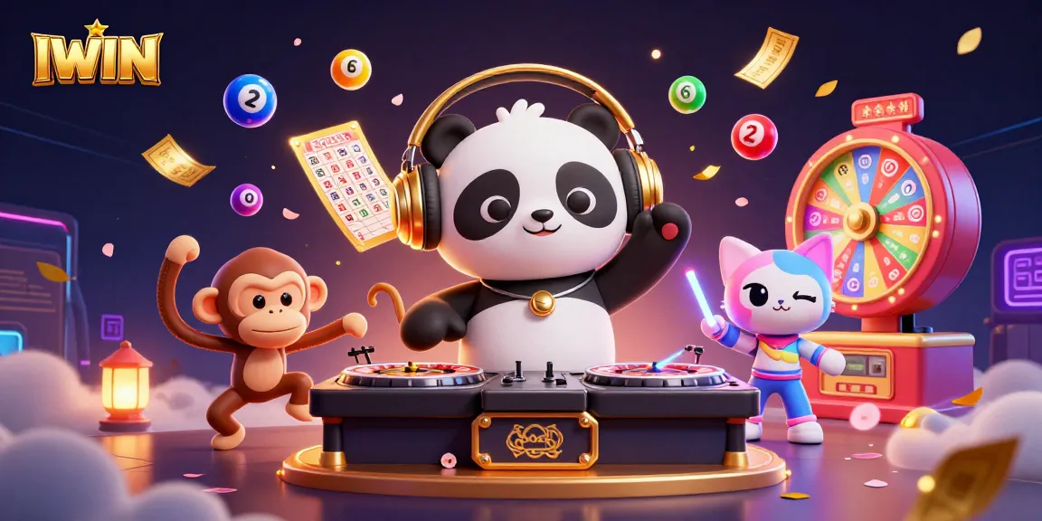 Join the fun at IWIN's casino with a vibrant DJ panda, dancing monkey, and glowing kitten!