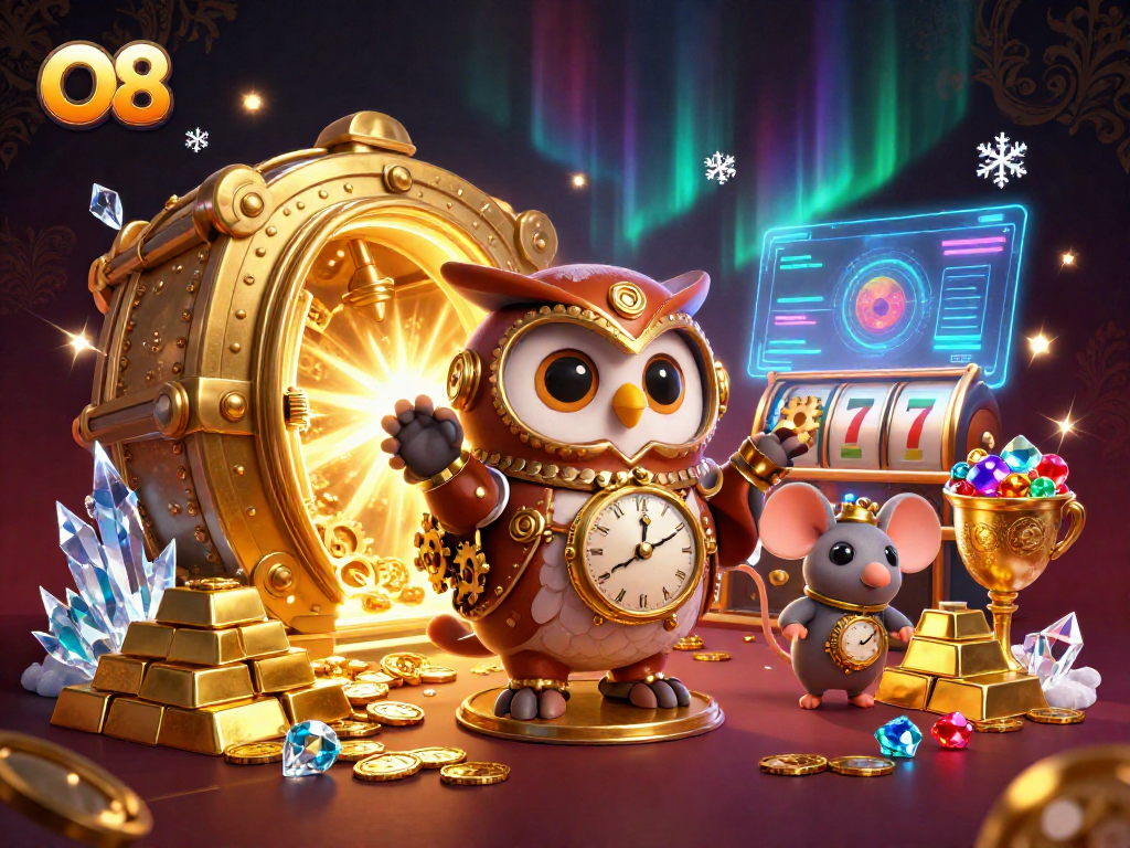 Engage in thrilling adventures with O8 in a lively steampunk casino world filled with treasures.