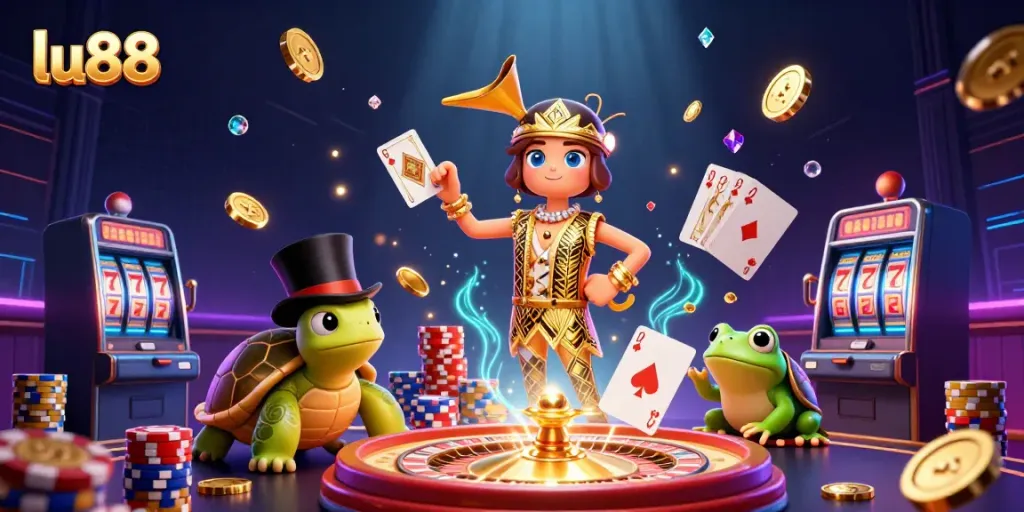 Experience the excitement of lu88 with colorful characters and casino elements in a vibrant 3D scene.