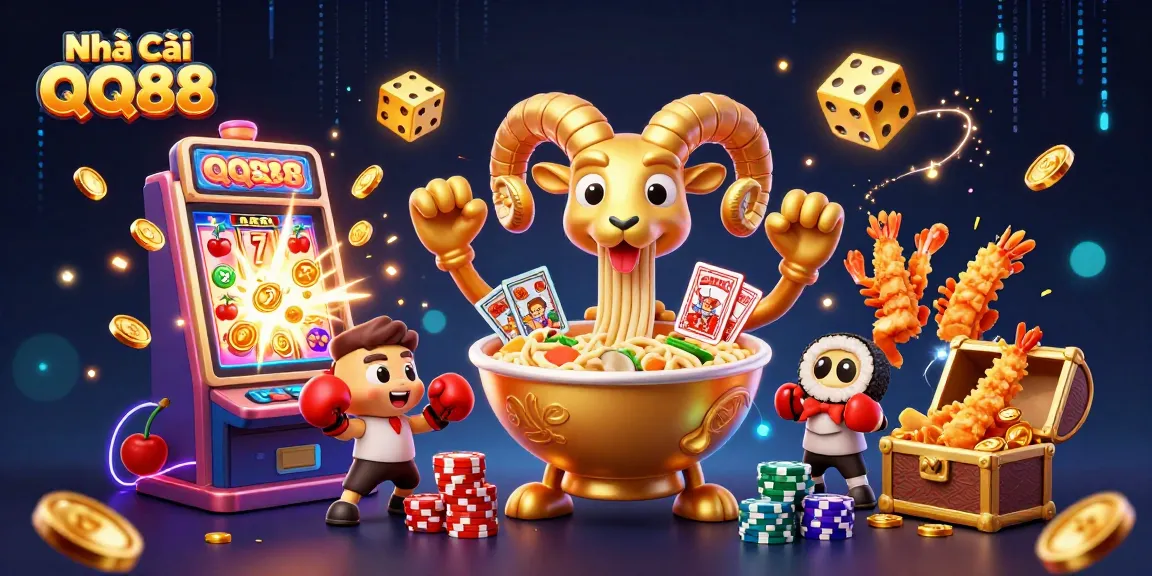 Play exciting games at Nhà Cái QQ88 with colorful and engaging casino elements in a vibrant 3D scene.