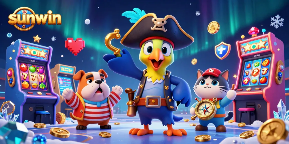 Experience thrilling slots at sunwin with vibrant characters and arcade elements in a captivating casino scene.