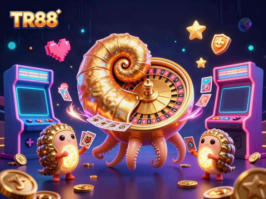 Engage in thrilling gameplay at TR88 with a giant nautilus, roulette wheel, and arcade machines.