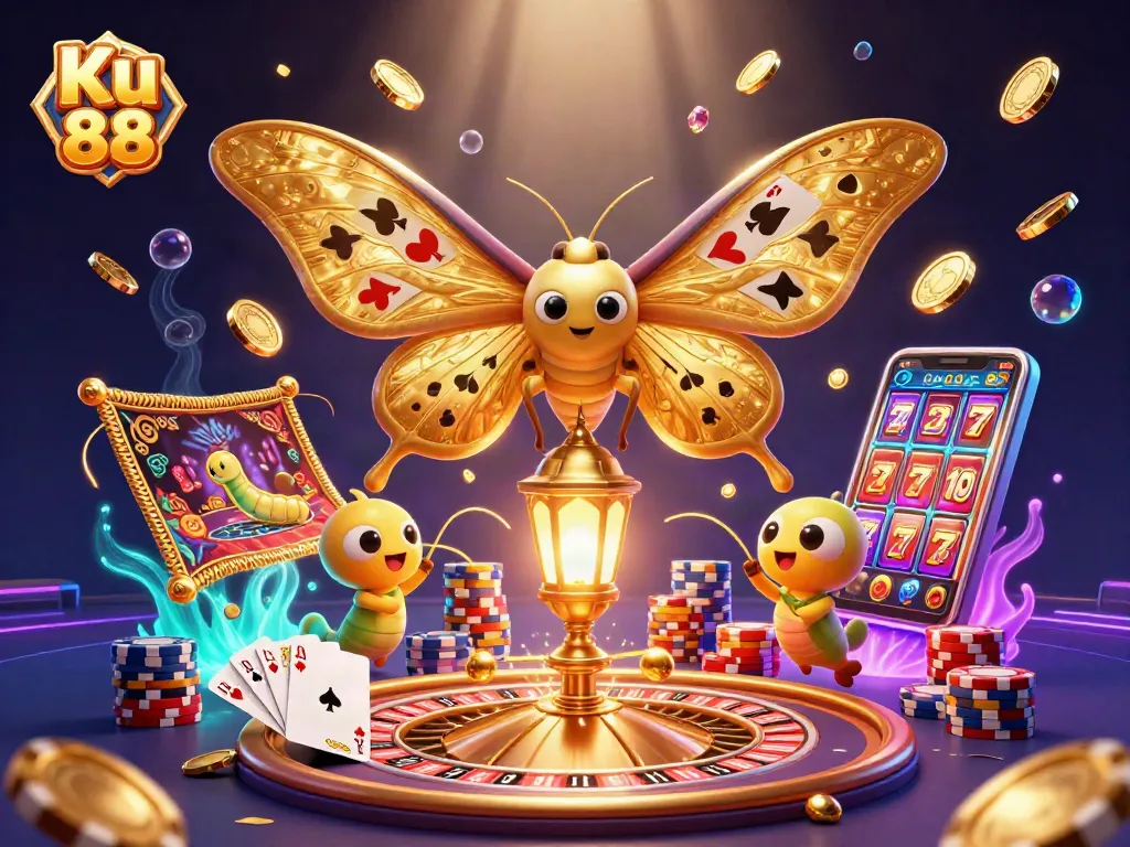 Bet big with Ku 88, showcasing a vibrant 3D casino scene filled with golden coins and excitement.