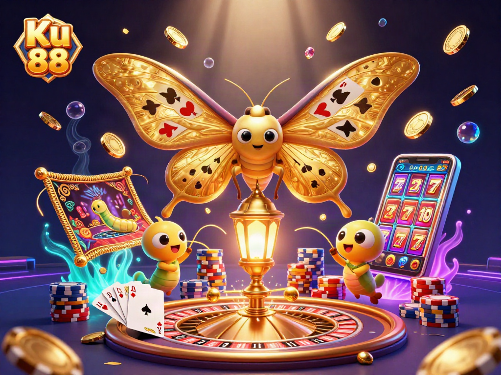 Bet big with Ku 88, showcasing a vibrant 3D casino scene filled with golden coins and excitement.