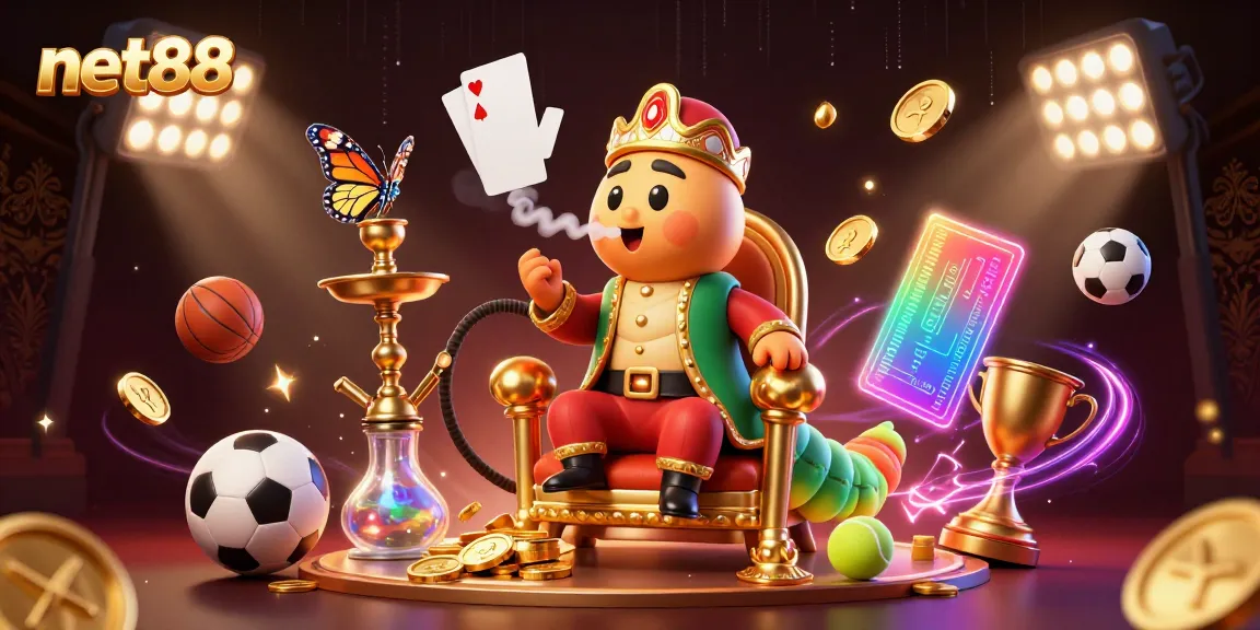 Experience the world of net88 with a vibrant scene featuring a spirited caterpillar master, sports elements, and dynamic gaming energy.