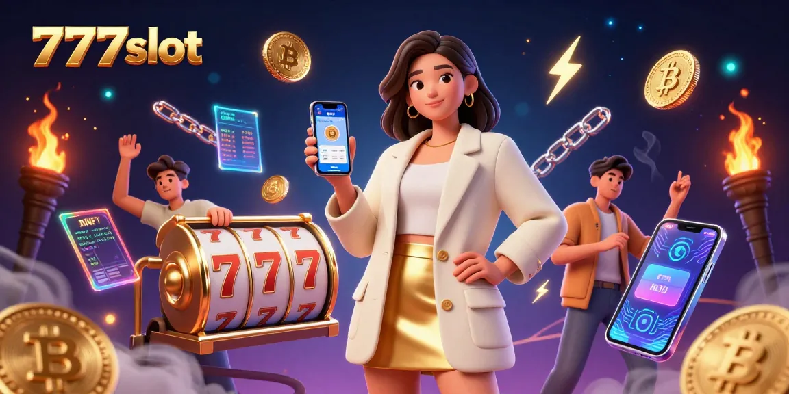 Engage with 777slot through a dynamic casino illustration featuring a vibrant Asian woman and iconic slot machine elements.