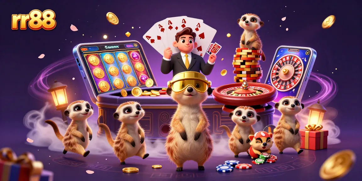 Experience the vibrant energy of rr88's casino culture with playful meerkats in a dynamic gaming scene.