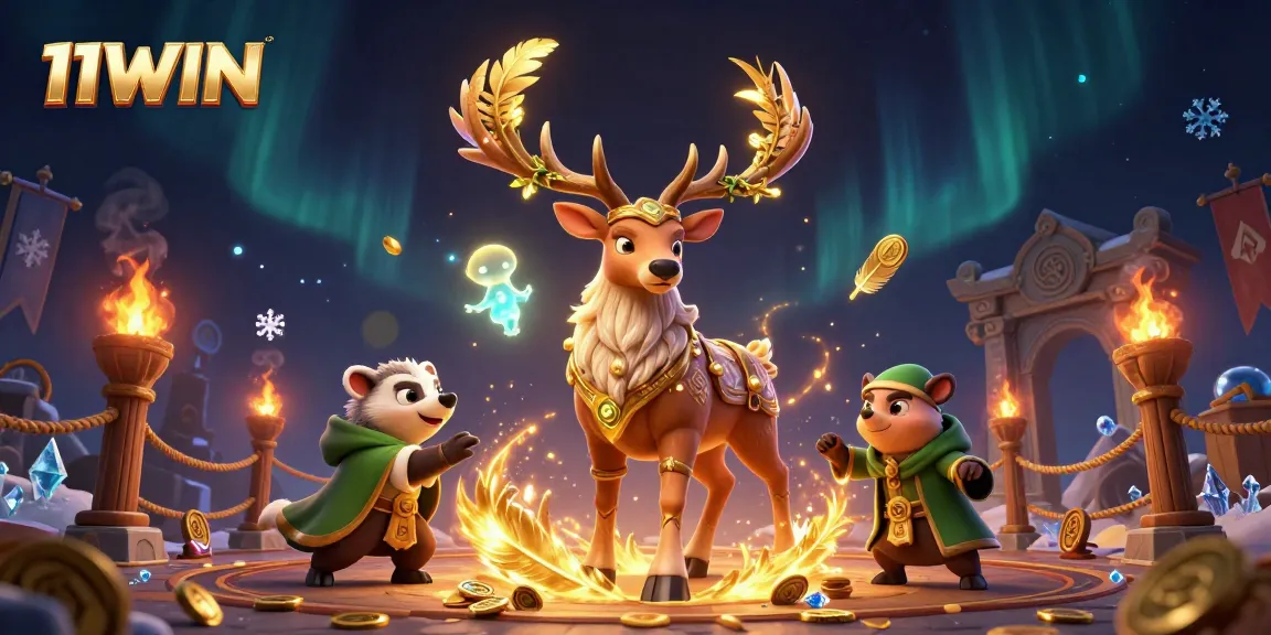 Engage with thrilling 11WIN casino action featuring a Celtic druid stag and vibrant game elements.