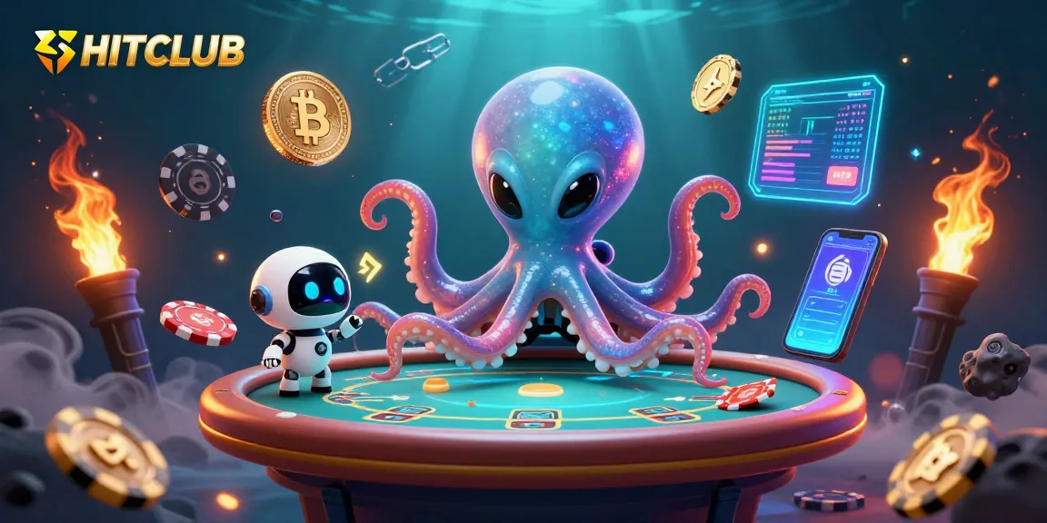 Join HITCLUB at the floating poker table, where the alien octopus and robot companion orbit cosmic poker chips.