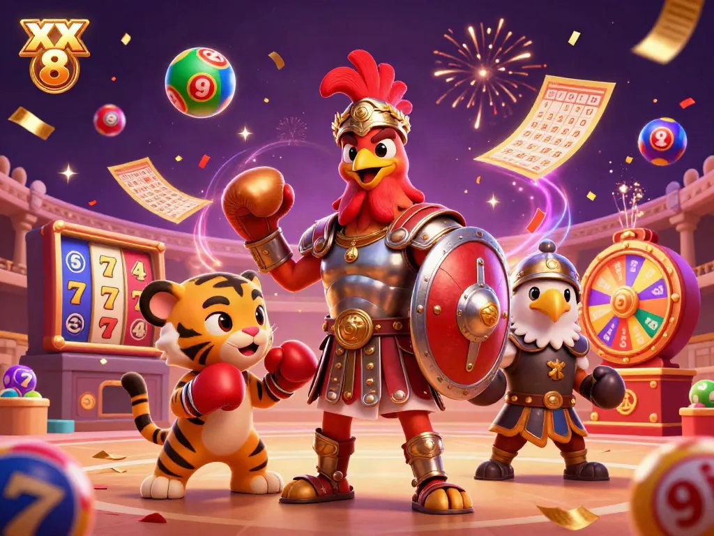 Engage with the festive spirit of XX 8 featuring a dynamic 3D casino scene with animated slot elements.