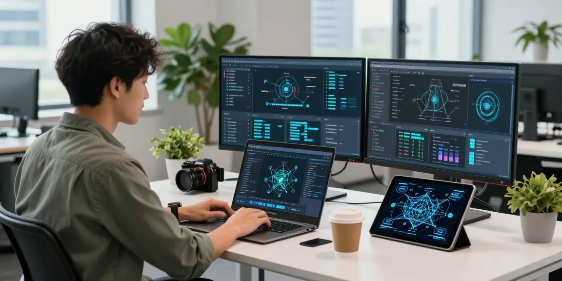 Engineer optimizing edge computing solutions at a modern tech workstation with IoT device data displayed.