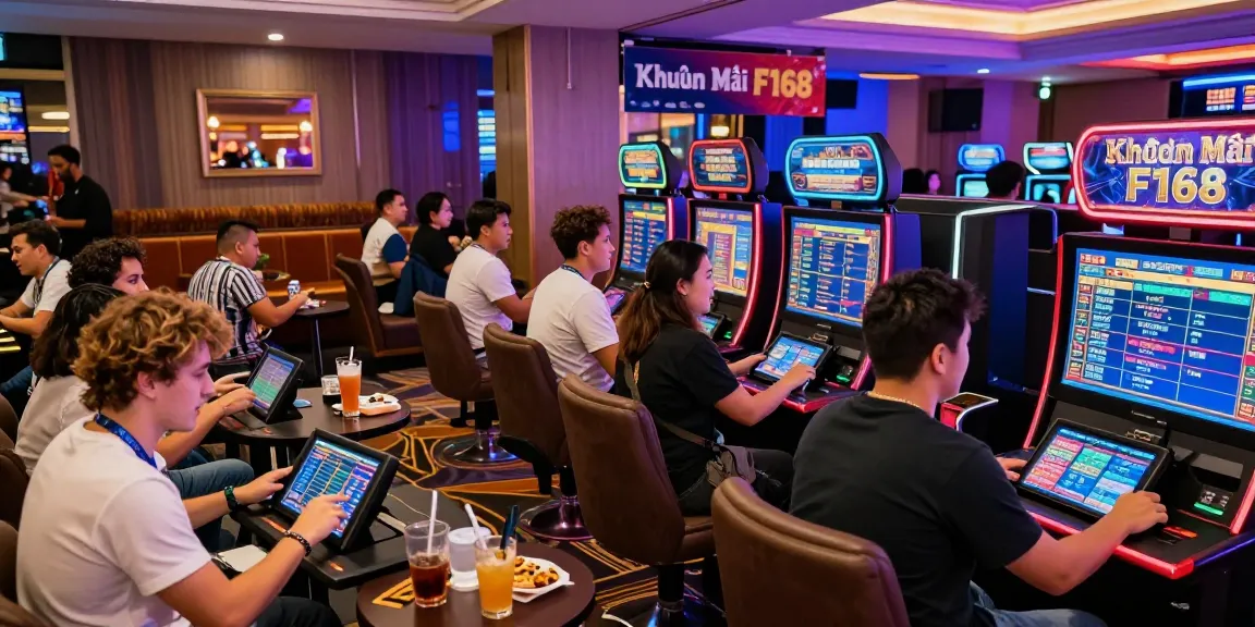 Excited players experiencing Khuyến Mãi F168 at a modern gaming venue filled with vibrant energy.
