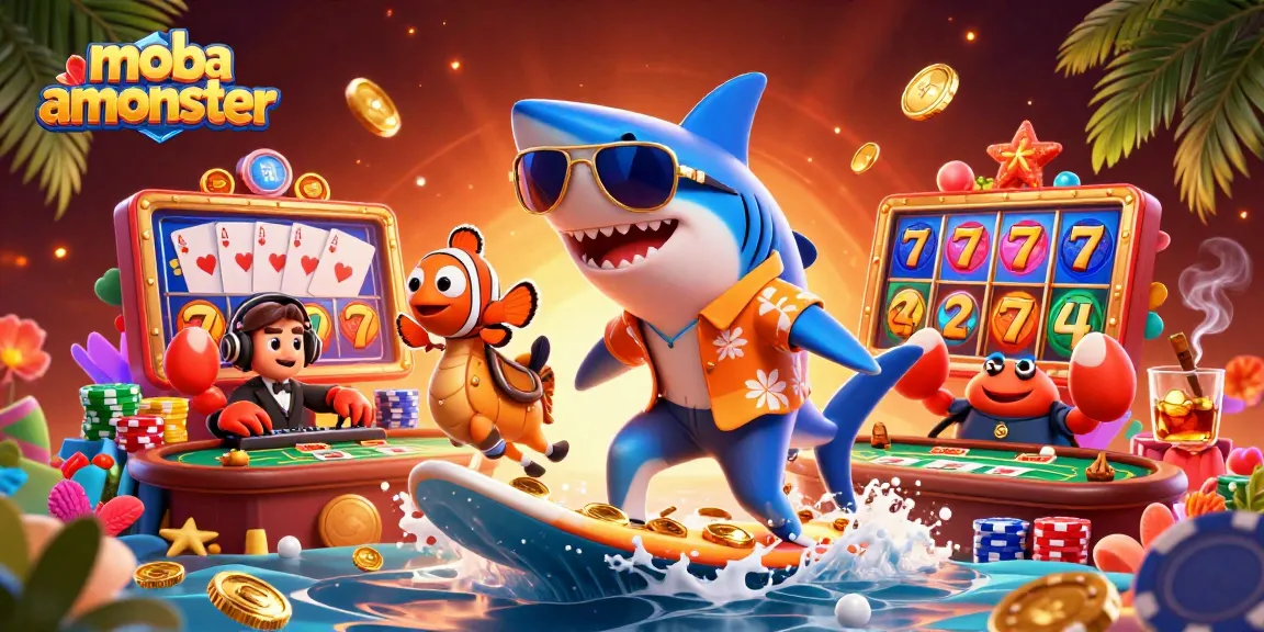 Surf golden coins with mobamonster’s 3D hammer-head shark & vibrant casino elements