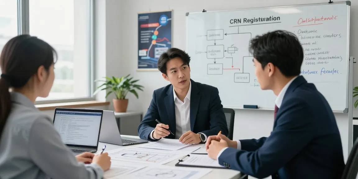 CRN Registration Canada consultation scene with licensed engineer and client discussing regulatory processes in modern office.