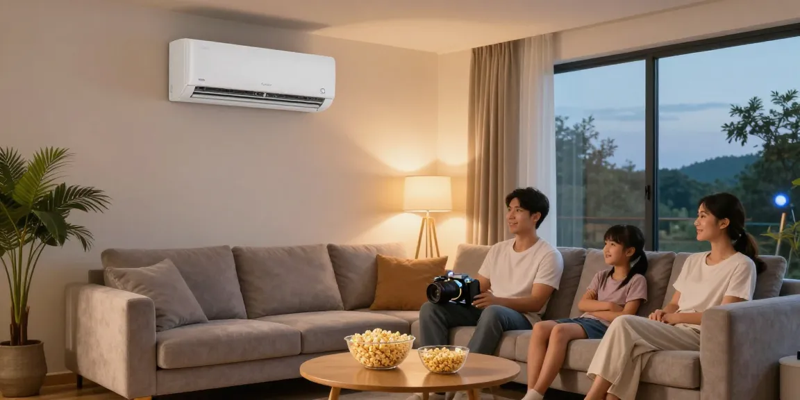 Efficient mini split air conditioner providing comfort in a cozy living room during movie night.