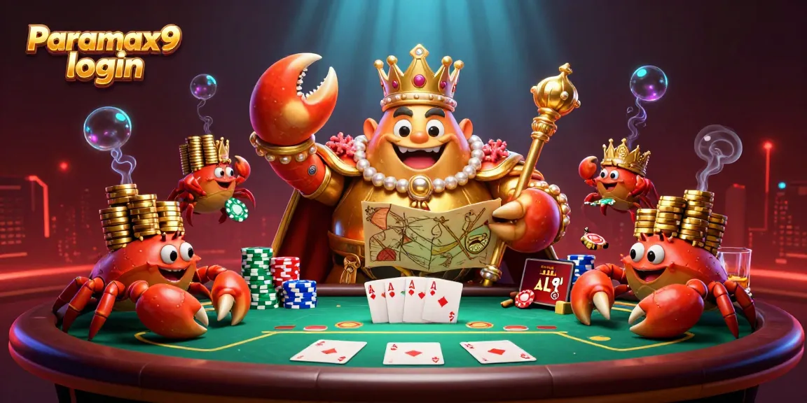 Play with the Paramax9 login crab emperor at a vibrant casino table filled with chips and cards.