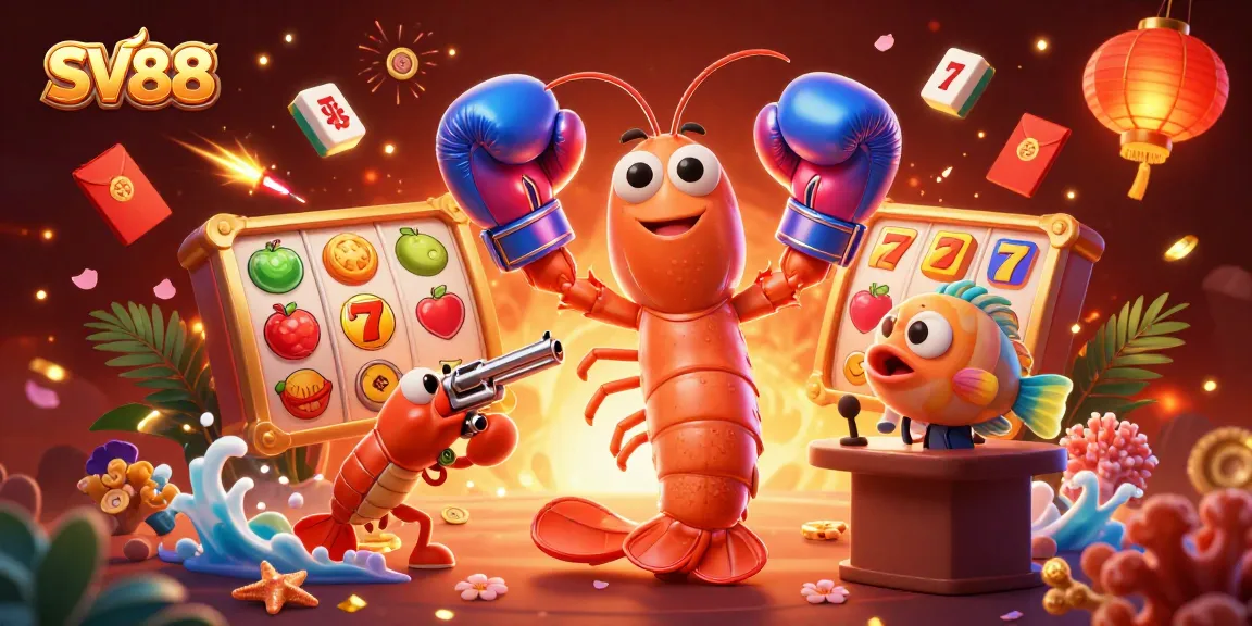 SV88 captivates players in a vibrant casino scene with dynamic slot reels and lucky symbols.