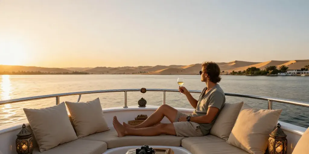 Lake Nasser Cruise experience with stunning sunset views and luxury boat setting.