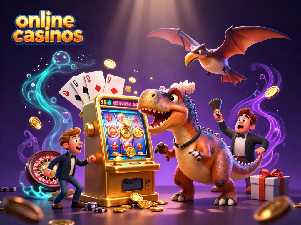 Exciting online casinos scene with dinosaurs, slots, and winning coins in a vibrant casino atmosphere.