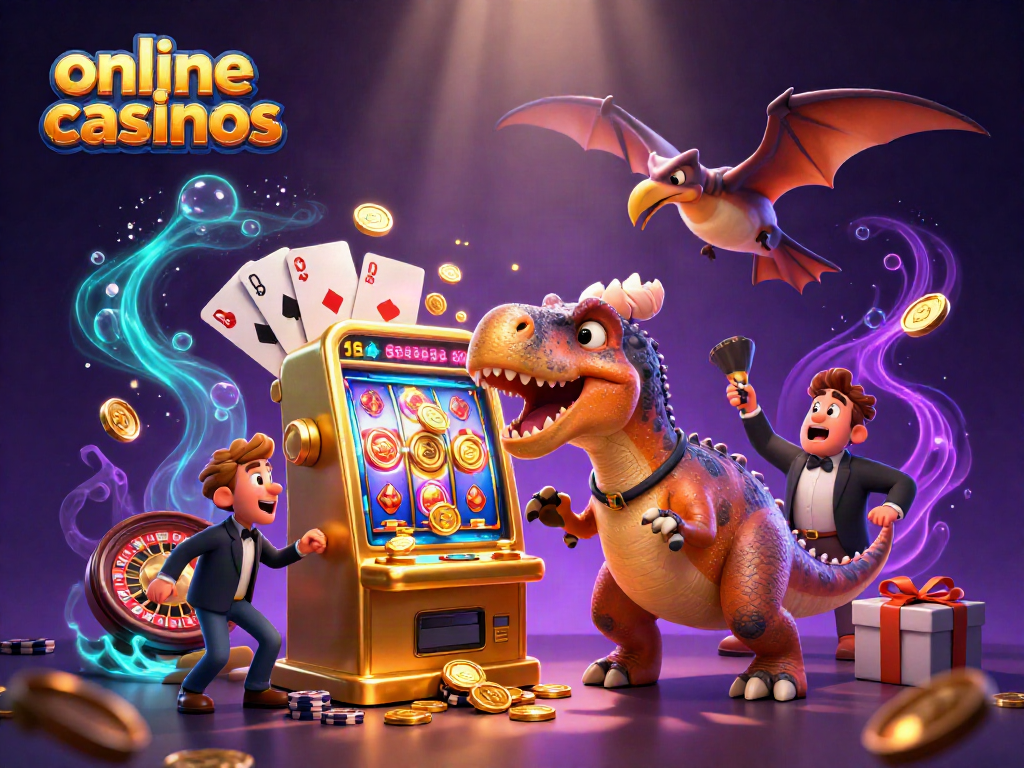 Exciting online casinos scene with dinosaurs, slots, and winning coins in a vibrant casino atmosphere.