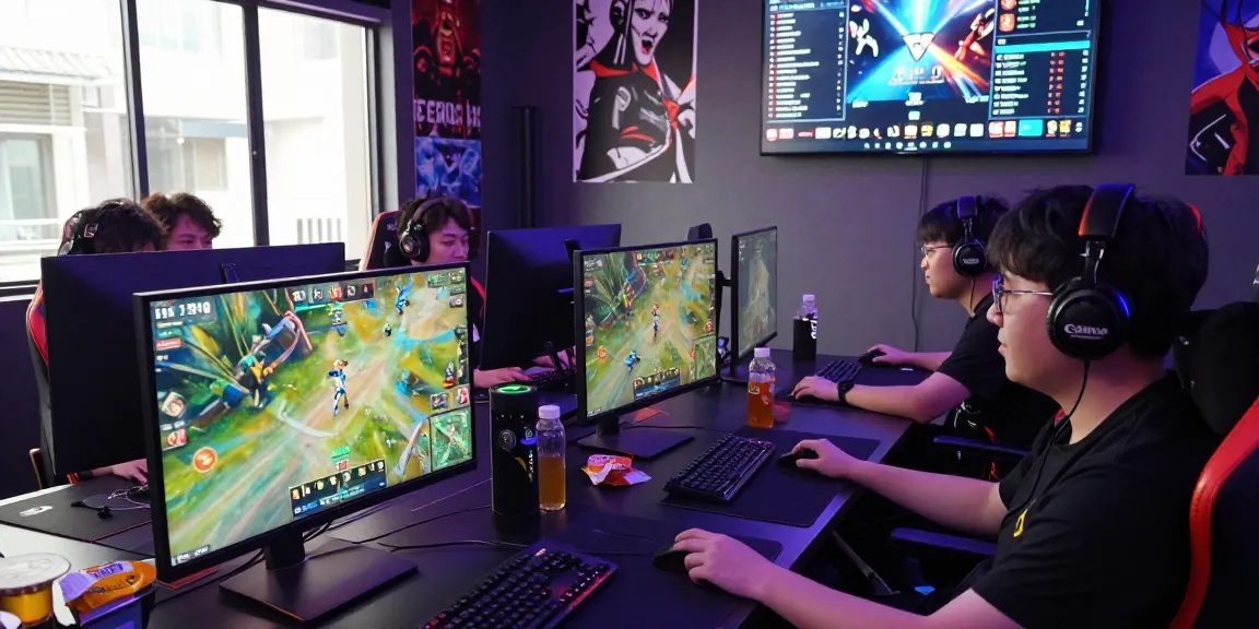LUCK8 esports players intensely engaging in an online gaming competition with vibrant LED lighting and multiple screens.