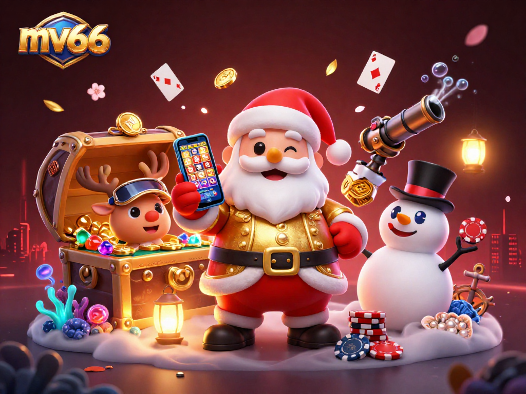 Spin and win at mv66 casino with a festive scene featuring Santa and friends celebrating jackpots!