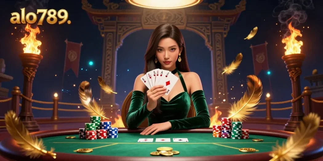 A photorealistic portrayal of a woman at a poker table, showcasing alo789's premium gambling experience.