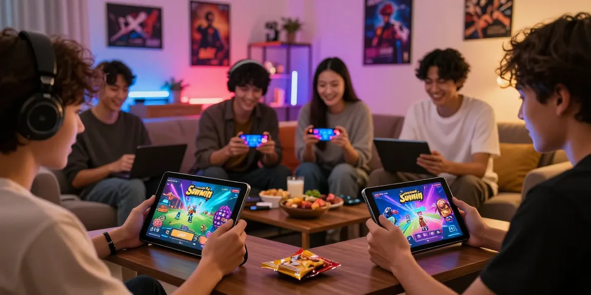 Players enjoying Sunwin games on mobile devices in a vibrant gaming environment