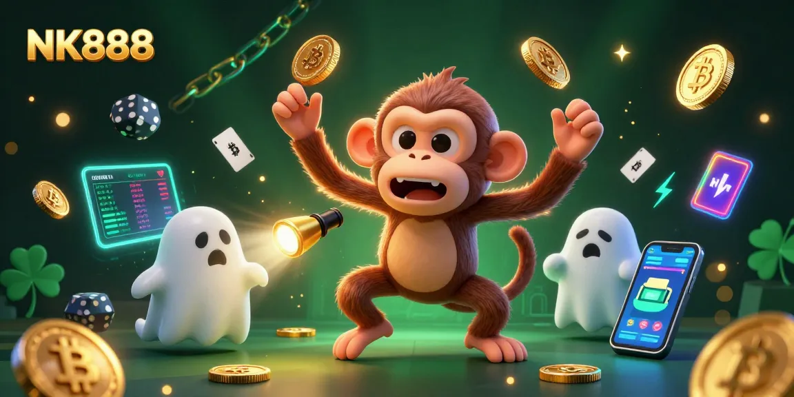 Engage with NK888 as a monkey juggles gold objects in a haunted casino filled with crypto elements.