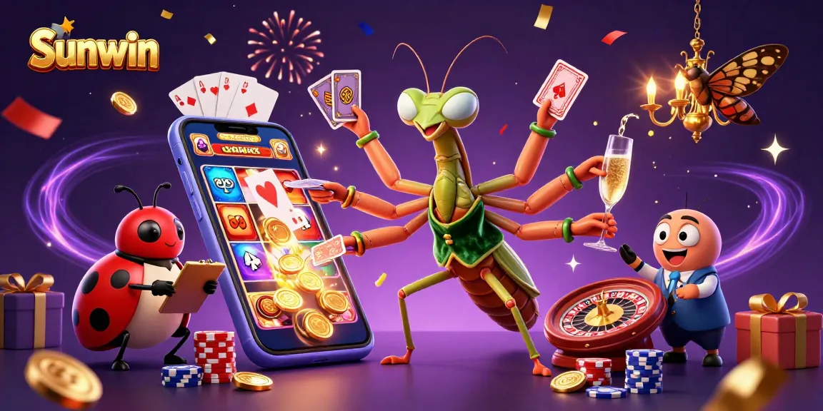 Sunwin offers a vibrant casino experience where a giant mantis card sharp and ladybug pit boss manage exciting games.