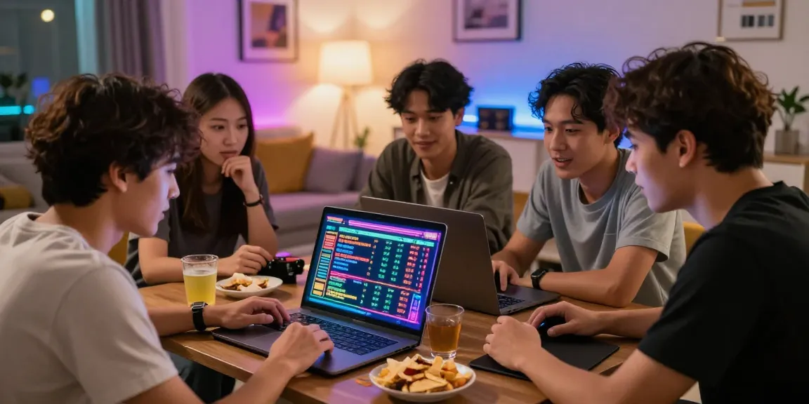 Pemain togel online asyik berdiskusi pilihan taruhan sambil menikmati suasana nyaman di ruang tamu.