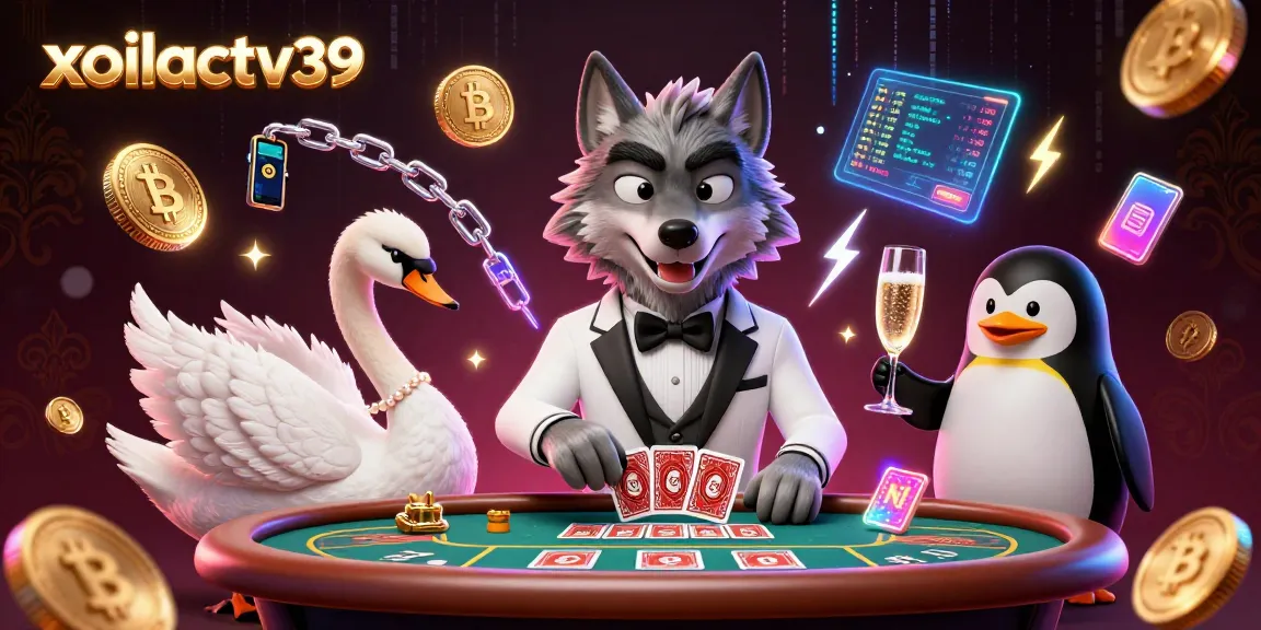 Enjoy thrilling gaming with xoilactv39 featuring a debonair wolf, elegant swan, and sophisticated penguin in a casino scene.