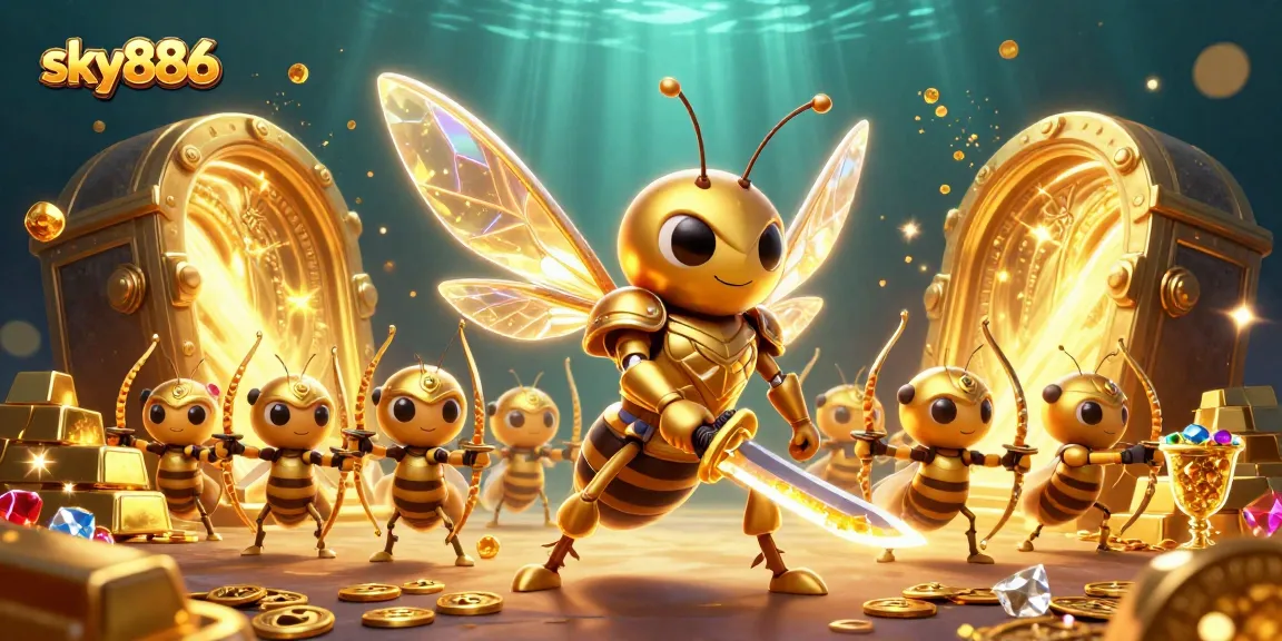 Sky886 captivates with a vibrant 3D illustration of a golden hornet and treasure in a casino scene.