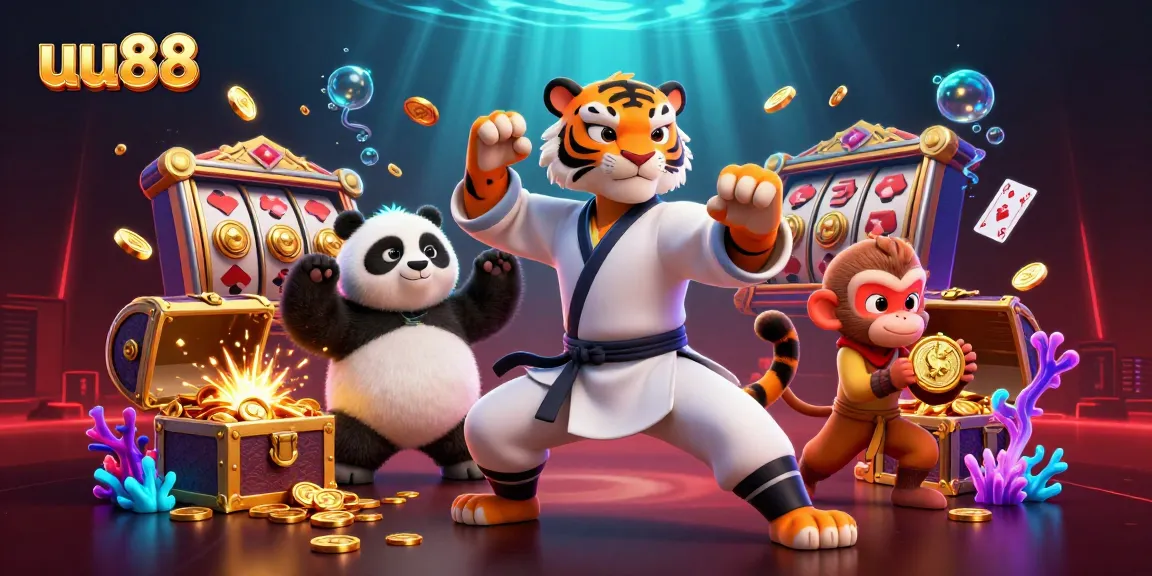 uu88 reveals thrilling dynamics with kung fu characters in a vibrant casino setting, showcasing explosive wins and fun.