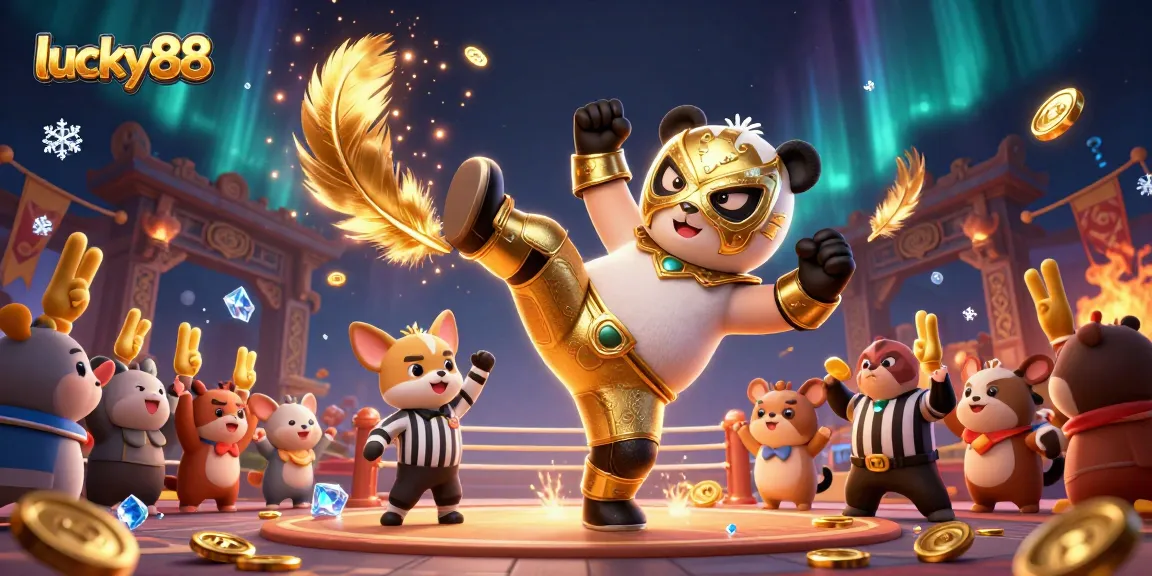 Experience lucky88 thrills with a vibrant wrestling scene filled with animated animal spectators and coins.