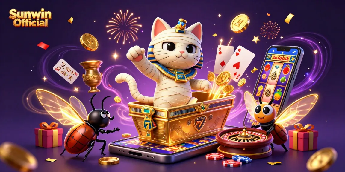 Engage with Sunwin Official's thrilling gambling scene featuring vibrant Egyptian-themed characters and casino elements.