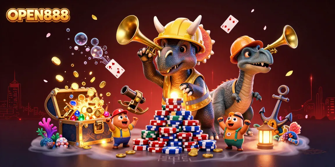 Experience the thrill of gaming at OPEN888 with a festive scene of characters celebrating amidst casino elements.