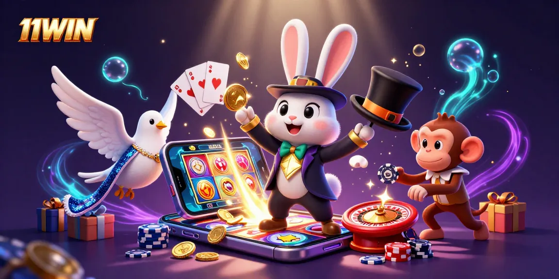 Engage in thrilling 11WIN slot adventures with colorful games and lucky charms bursting from the scene.