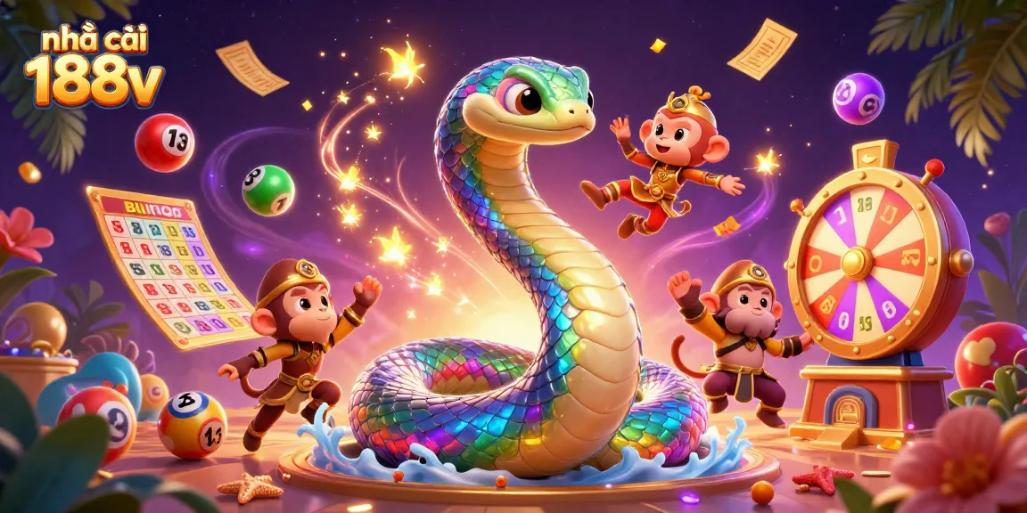 nhà cái 188v showcases a vibrant 3D illustration with a rainbow serpent and a monkey king amidst dynamic lottery elements.