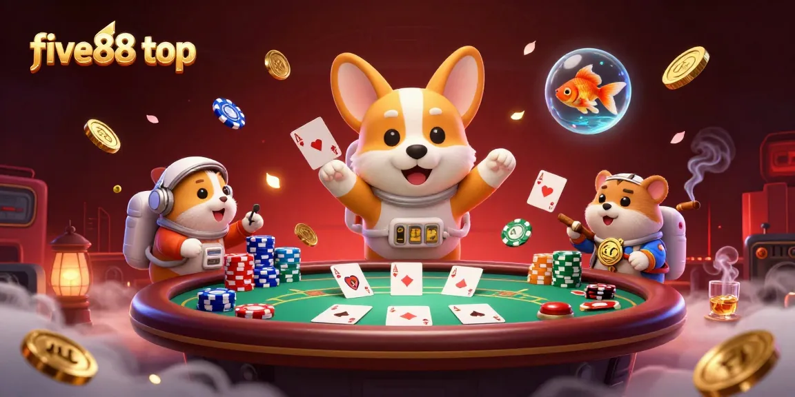 Experience the excitement of five88 top with a vibrant 3D casino scene featuring playful characters.