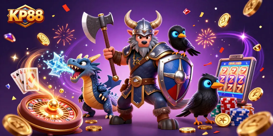 Engage with KP88’s dynamic gaming adventure featuring a Viking warrior, dragon, and casino elements.