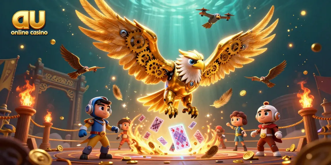 Experience the thrill of au online casino as a cybernetic eagle dives through holographic cards.