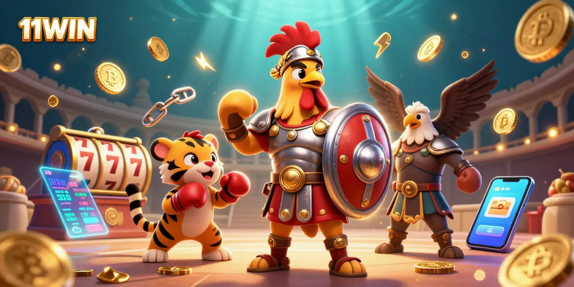 Engage with 11WIN featuring a dynamic casino scene with a gladiator rooster, sparring cub, and crypto elements.